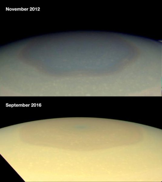 Загадочный шестиугольник на северном полюсе Сатурна изменил цвет